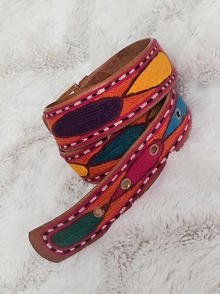 Vintage Soft Leather Belt with Fine Yarn Design Ethnic Print